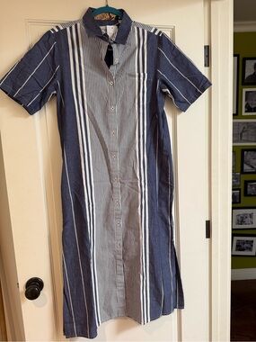 Women’s Navy and White Striped Midi Shirt Dress Dizzy Lizzie